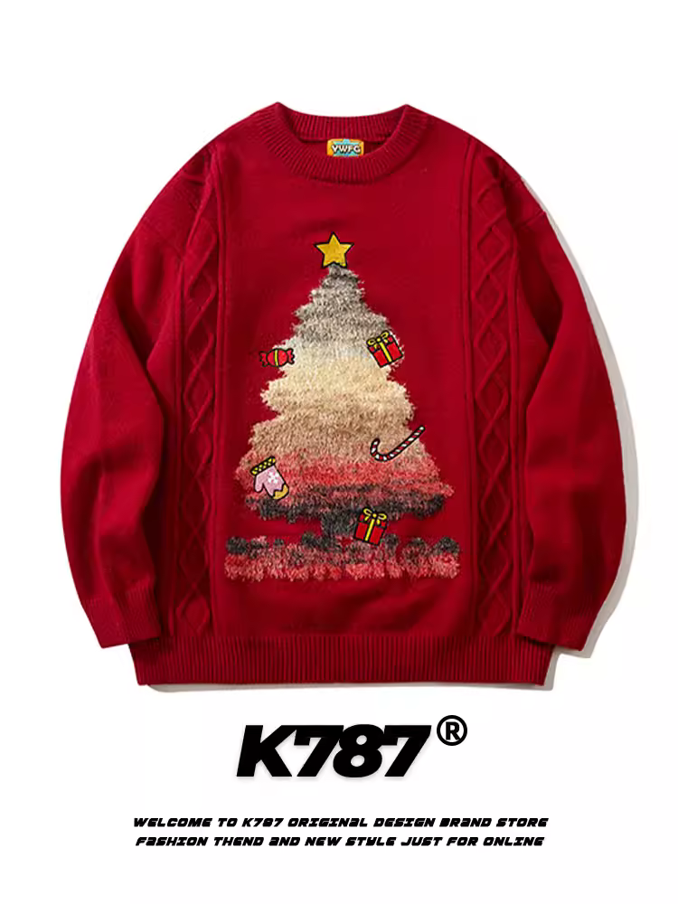 K787 không khí lễ hội Cây thông Noel màu đỏ thêu ngôi sao dệt kim unisex Áo len cặp đôi phong cách retro Mỹ