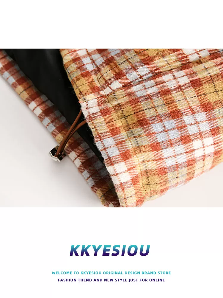 Áo khoác phao dày dặn kiểu Mỹ cổ điển kẻ ca rô KKyesiou dành cho nam và nữ, có thêu họa tiết vui nhộn, mùa đông 2024, chất liệu cotton