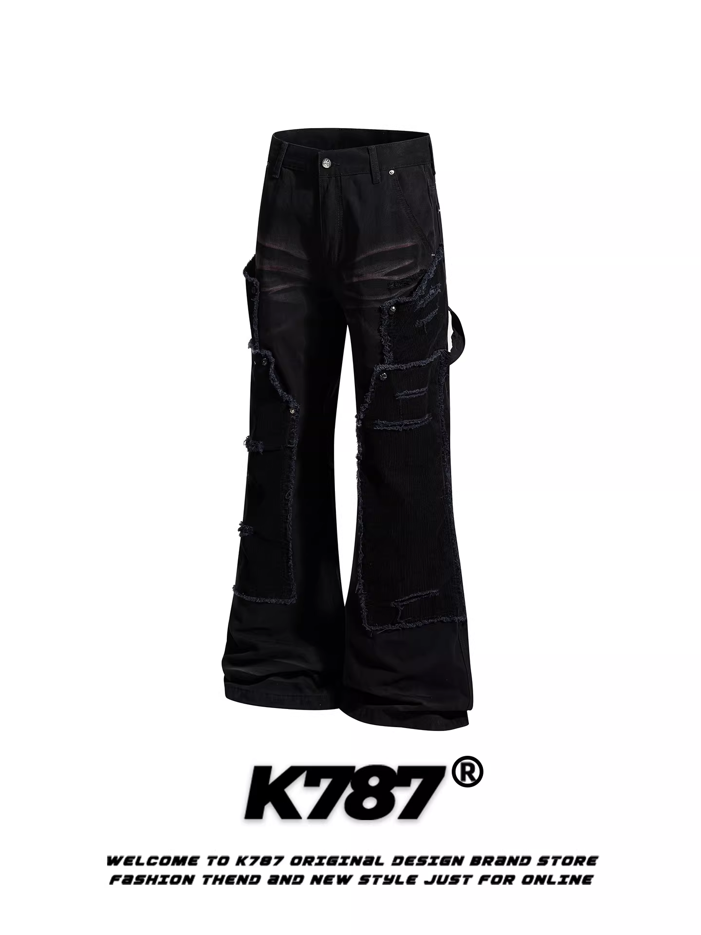 Quần jeans thiết kế patchwork kiểu Mỹ cổ điển K787 dành cho nam và nữ, quần dài dáng rộng cạp cao tôn dáng phong cách Y2K