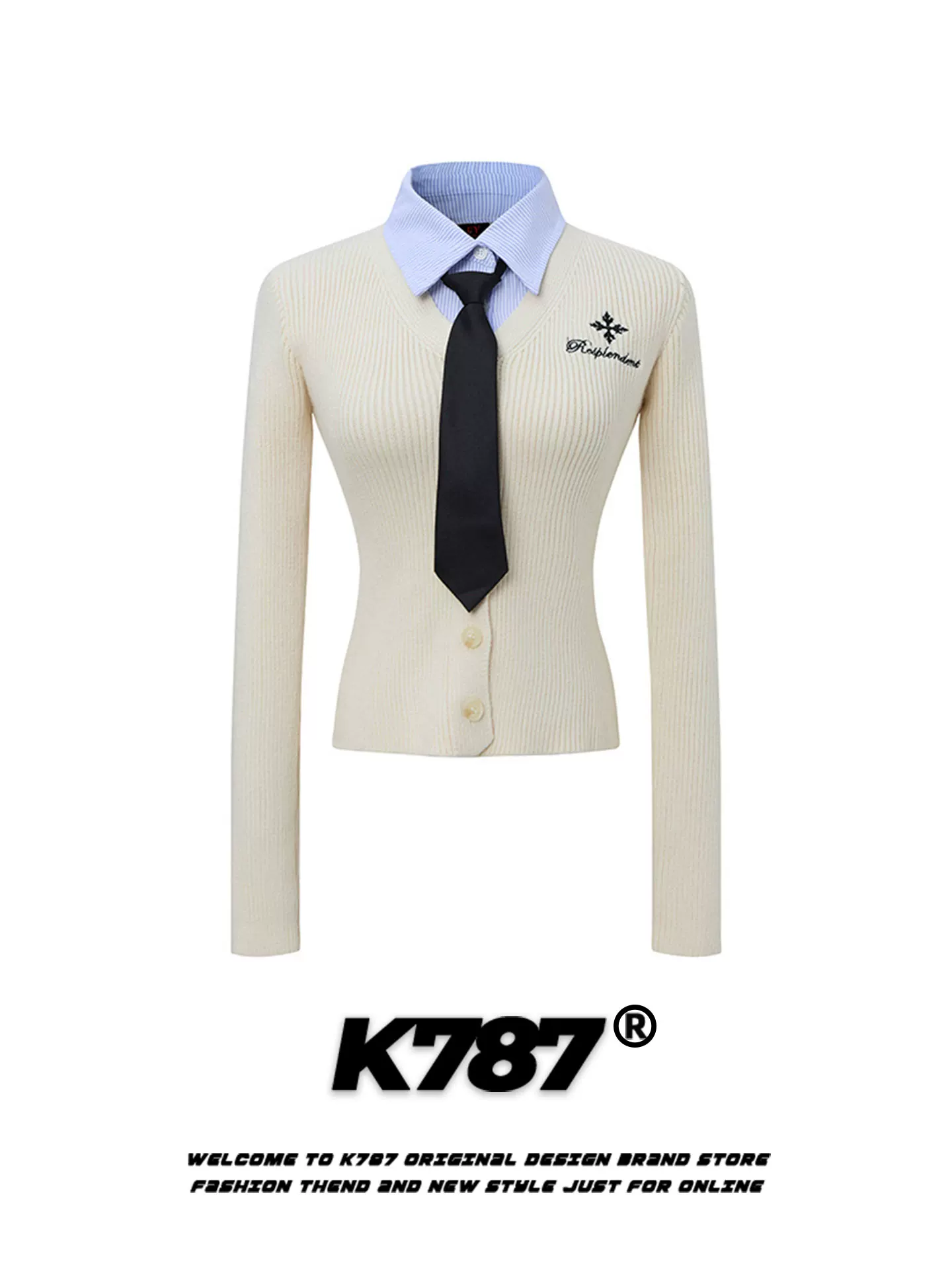 K787 Áo len dệt kim giả hai mảnh thêu phong cách Hàn Quốc ngọt ngào và cay cay dành cho nữ, dáng ôm, áo len cardigan ngắn gợi cảm