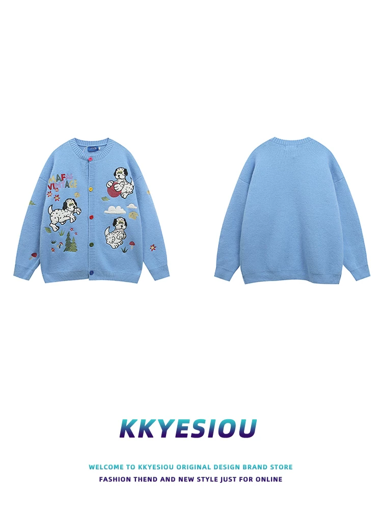 Áo cardigan len dệt kim màu xanh thêu hình chó theo phong cách retro Mỹ, unisex, đa năng, áo khoác cặp đôi