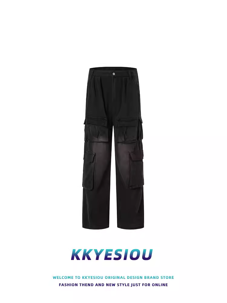 Quần ống đứng đa túi phong cách retro Mỹ, thương hiệu KKyesiou, unisex, dáng rộng, màu đen