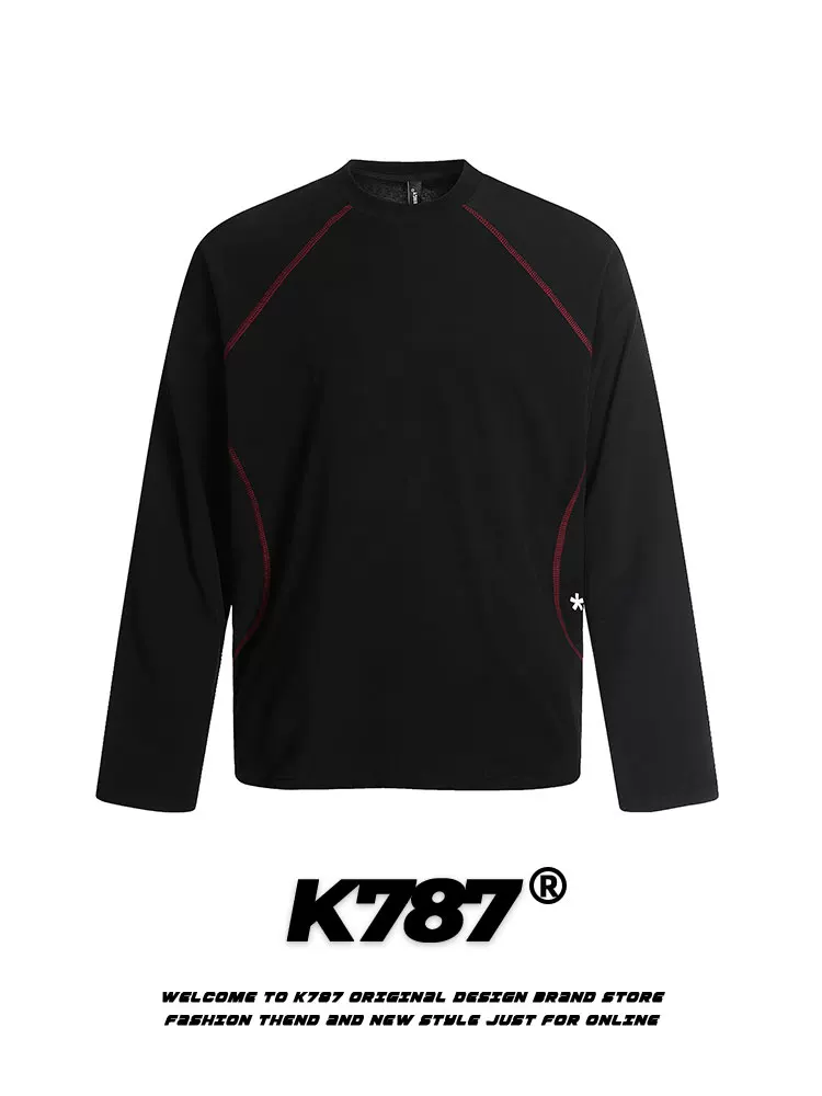 K787 Áo thun dài tay in chữ đơn giản theo phong cách retro Mỹ dành cho nam và nữ, đường may lộ, áo dáng rộng thể thao, giản dị