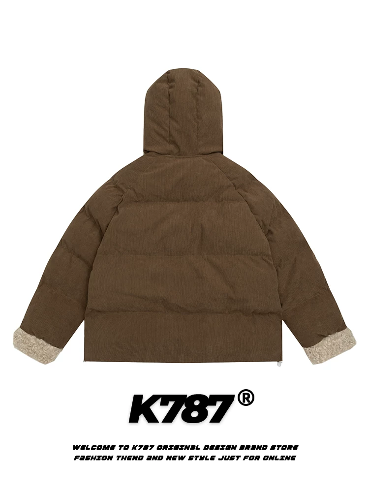 Áo khoác cotton dày dặn phong cách retro Mỹ K787, có cổ lông, áo khoác cotton có mũ trùm đầu thêu hình trái tim dễ thương, unisex, kèm khăn quàng cổ