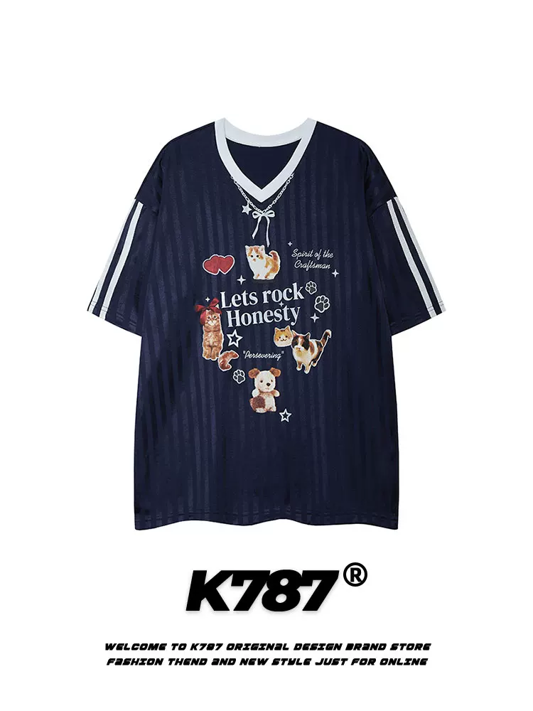 K787 Áo thun ngắn tay cổ chữ V in hình mèo cổ điển kiểu Mỹ dành cho nam và nữ, áo nửa tay dáng rộng giản dị dành cho cặp đôi hợp thời trang