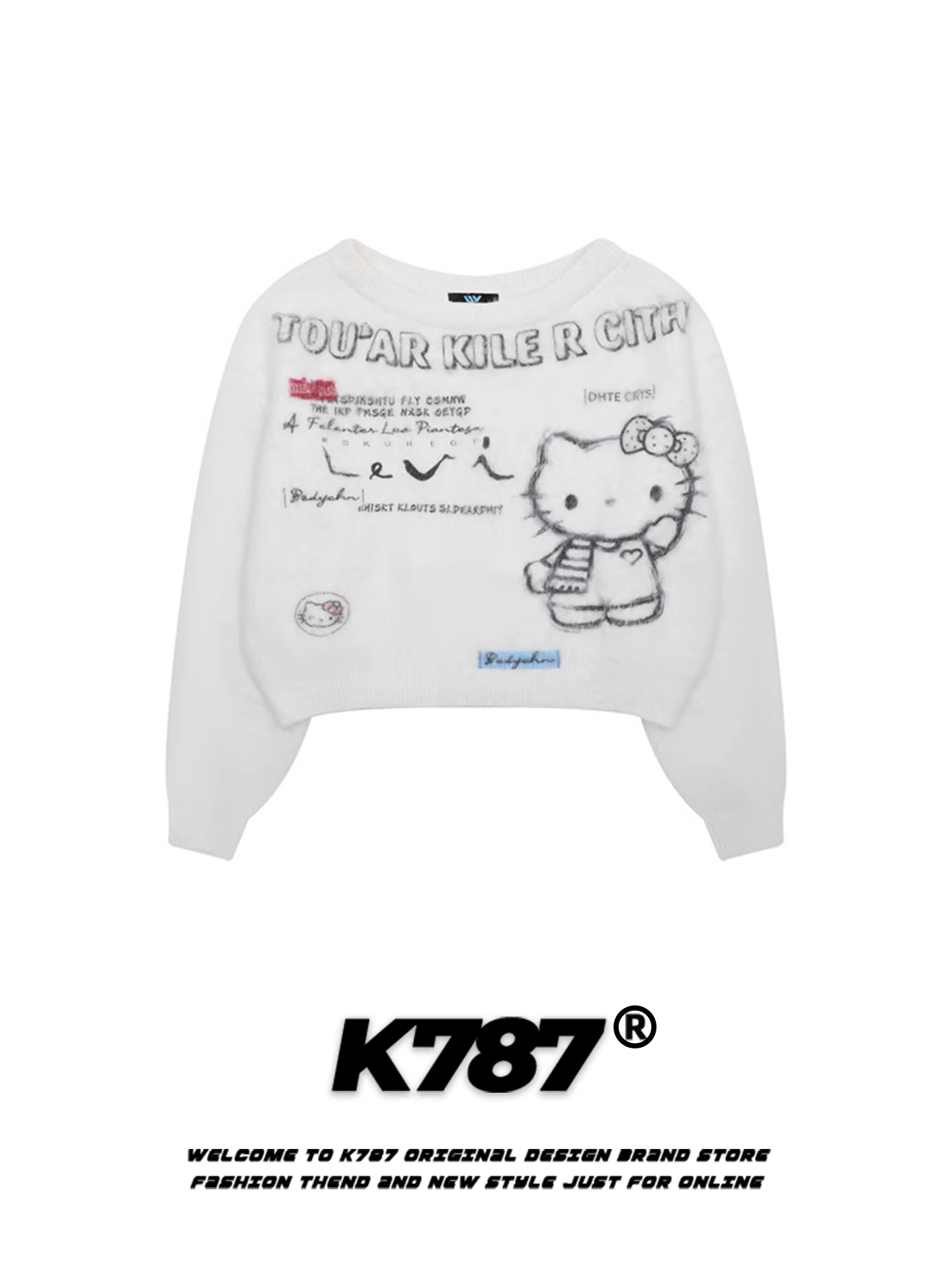 Áo len nữ kiểu Mỹ K787 họa tiết mèo Kitty hoạt hình, dáng rộng, phong cách thời trang, kiểu dáng ôm dáng, áo len ngắn