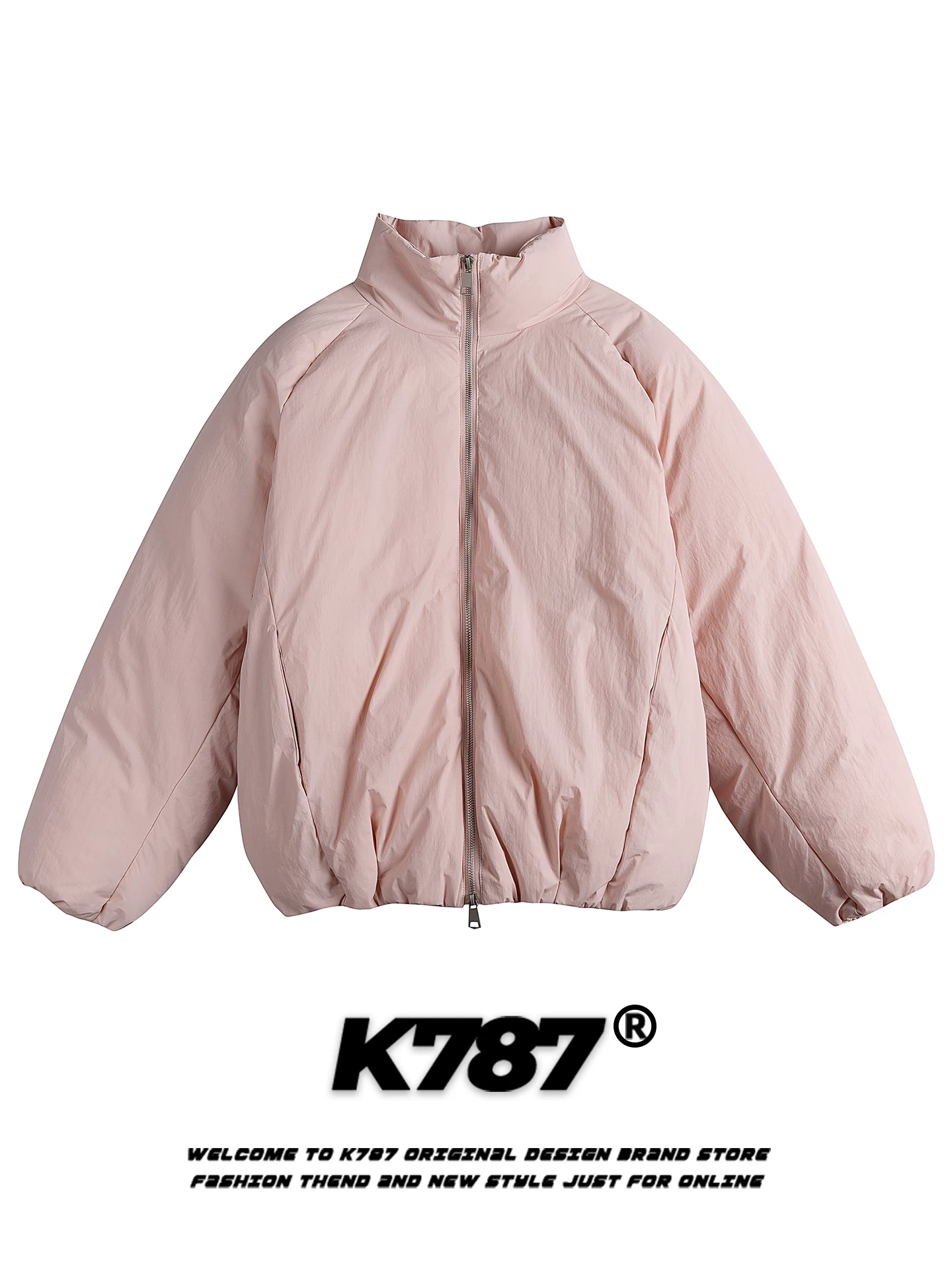 Áo khoác cotton cổ đứng màu trơn phong cách retro Mỹ K787 dành cho nam và nữ, áo khoác cotton màu hồng dày dặn và ấm áp mùa đông.