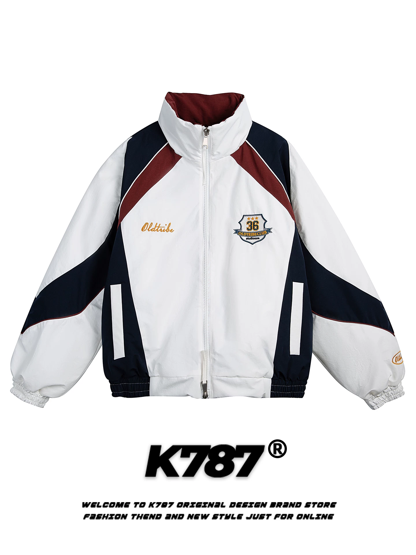 Áo khoác cotton cổ đứng phối màu thêu chữ kiểu Mỹ cổ điển K787, unisex, thời trang, thương hiệu, ấm áp, dành cho cặp đôi, có khóa kéo.