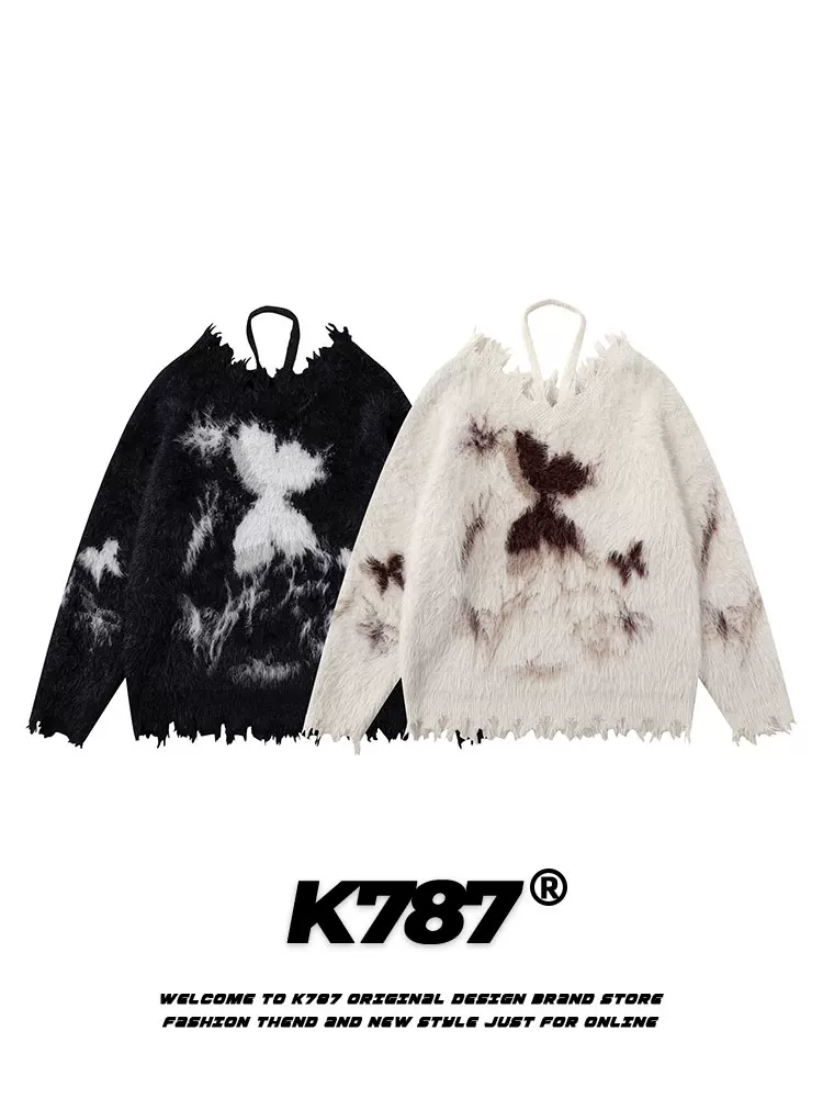 Áo len nữ kiểu dáng K787, cổ halter buộc dây, chất liệu len đan xù, họa tiết graffiti bướm, kiểu dáng áo len cổ V, chất liệu mohair, phong cách dễ thương.