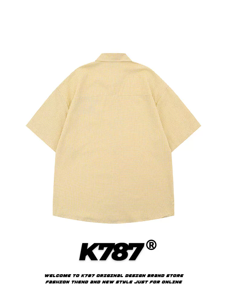 K787 Áo sơ mi ngắn tay phong cách retro Mỹ phong cách đại học có mặt dây chuyền hình gấu unisex kẻ sọc đa năng dáng rộng nửa tay áo cardigan mùa hè