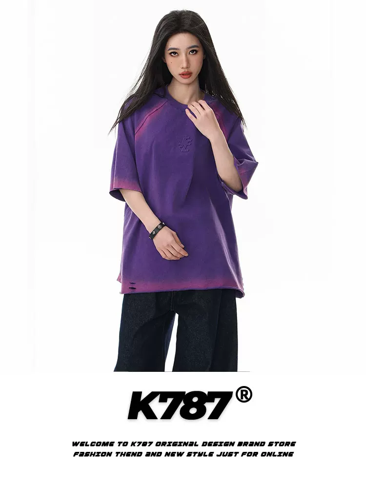 Áo thun ngắn tay kiểu đường phố cổ điển Mỹ K787, kiểu dáng rộng thùng thình, phong cách hip-hop, dành cho nam và nữ.