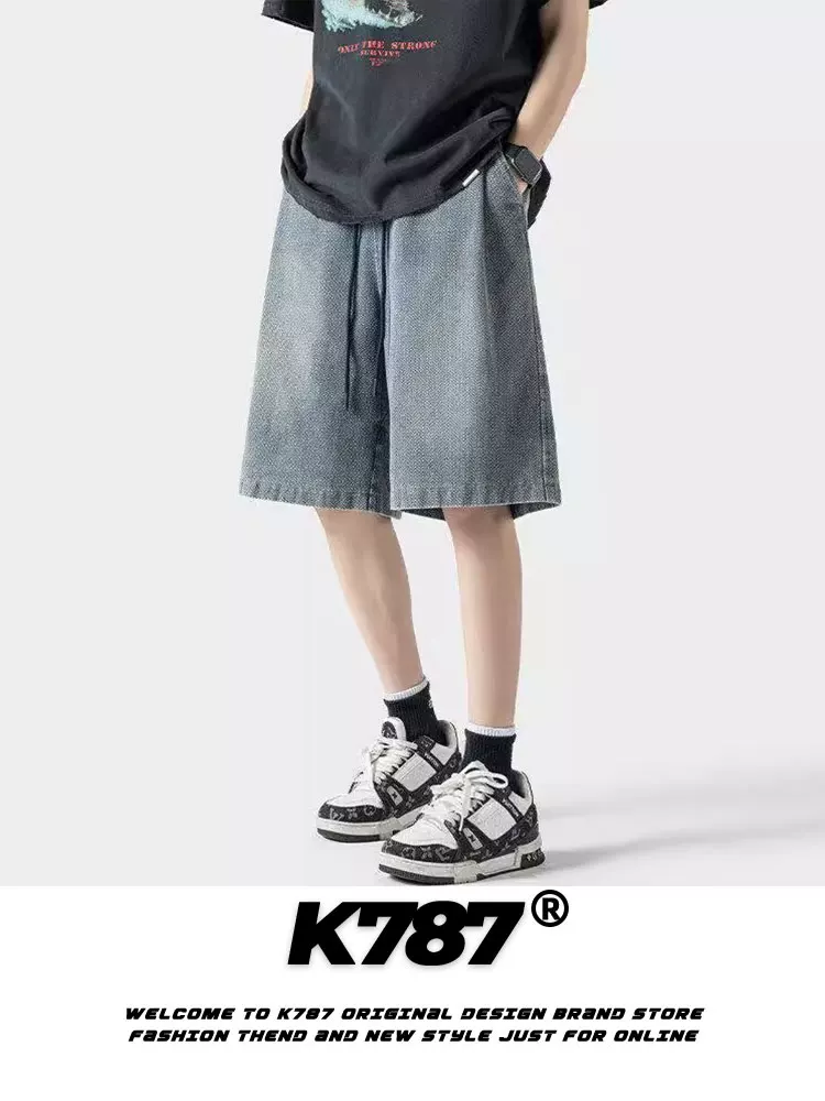 Quần short denim nam K787 kiểu Mỹ cổ điển, họa tiết bầu trời sao, phai màu, rách nhẹ, dáng thẳng, đa năng, dài ngang đùi.
