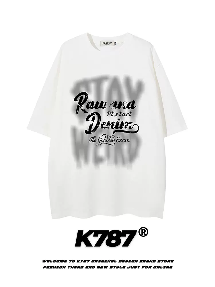 Áo thun ngắn tay K787 kiểu Mỹ cổ điển, họa tiết graffiti chữ cái, dành cho nam và nữ, kiểu dáng rộng rãi, thời trang đường phố, áo đôi đa năng