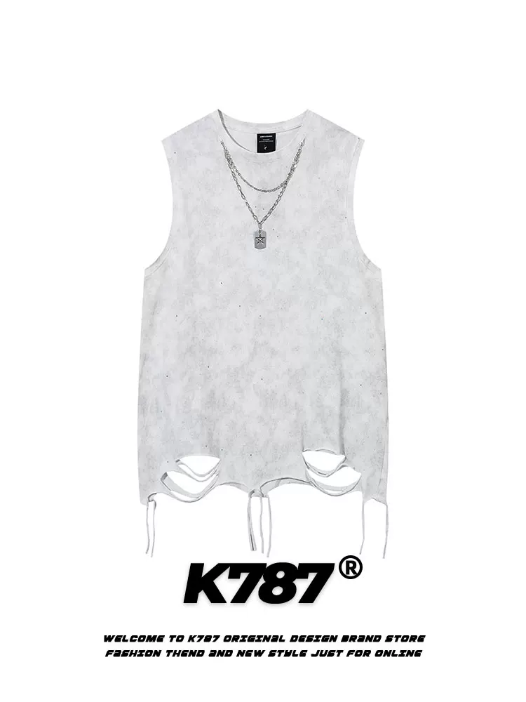 K787 Mỹ retro vòng cổ chắp vá hip-hop bầu trời đầy sao áo ba lỗ unisex quá khổ không tay áo lót áo thun mùa hè