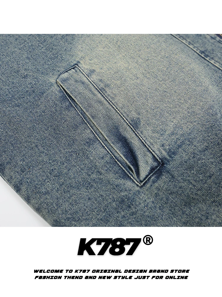 Áo khoác denim kiểu biker thêu retro Mỹ K787 dành cho nam và nữ, áo khoác dày bông mùa đông phong cách đại học.