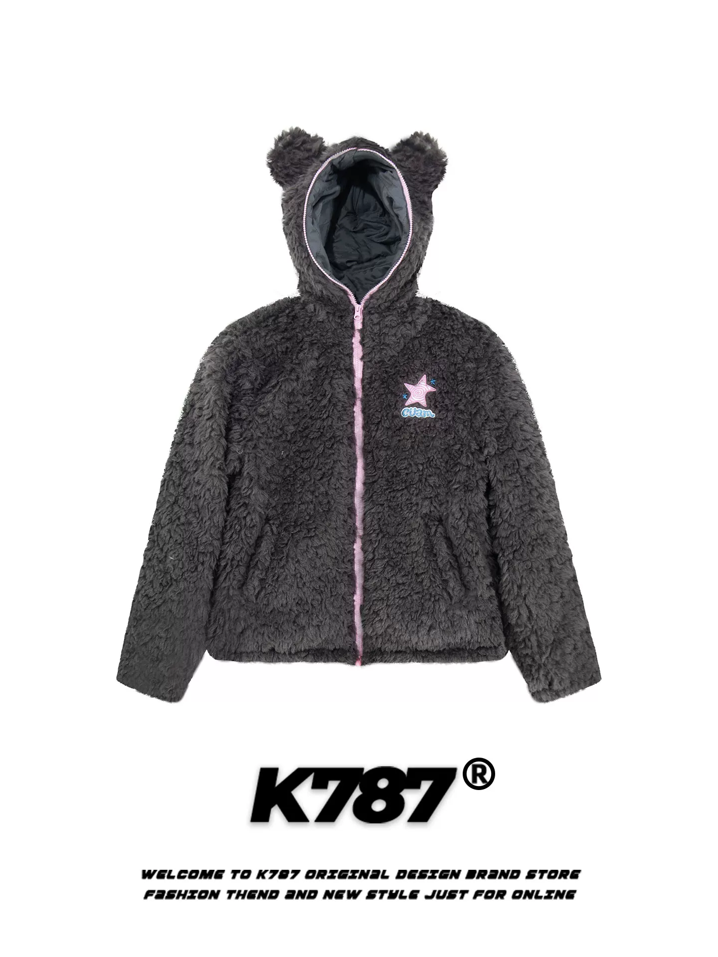 Áo khoác cotton tai gấu phong cách đường phố Mỹ K787 dành cho nữ, chất liệu len cừu, áo khoác cotton có mũ giữ ấm mùa đông 2025.