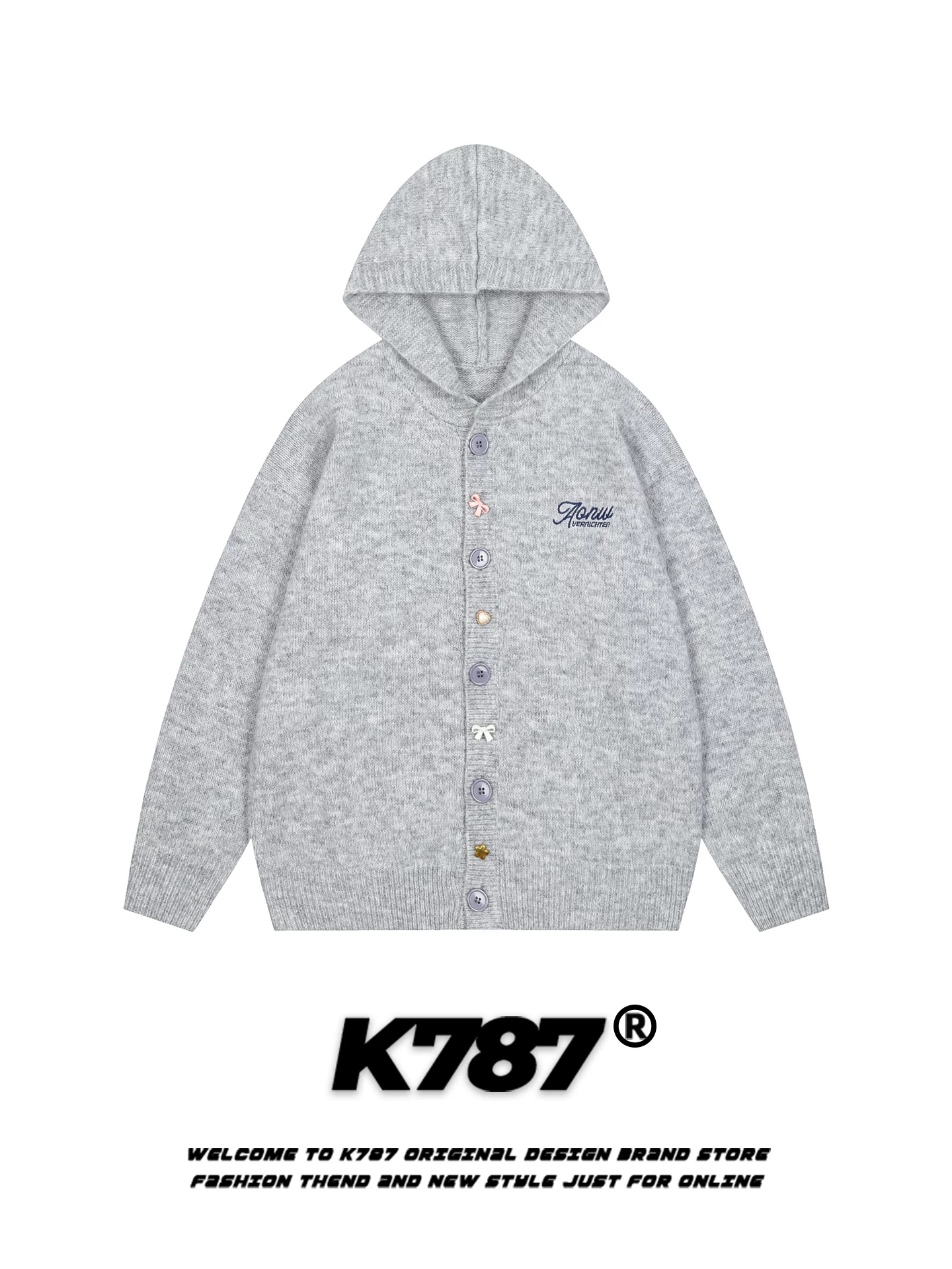 Áo khoác cardigan có mũ thêu chữ kiểu Mỹ cổ điển K787 dành cho nữ, kiểu dáng rộng rãi và thoải mái, mùa thu đông, màu xám, chất liệu len dệt kim