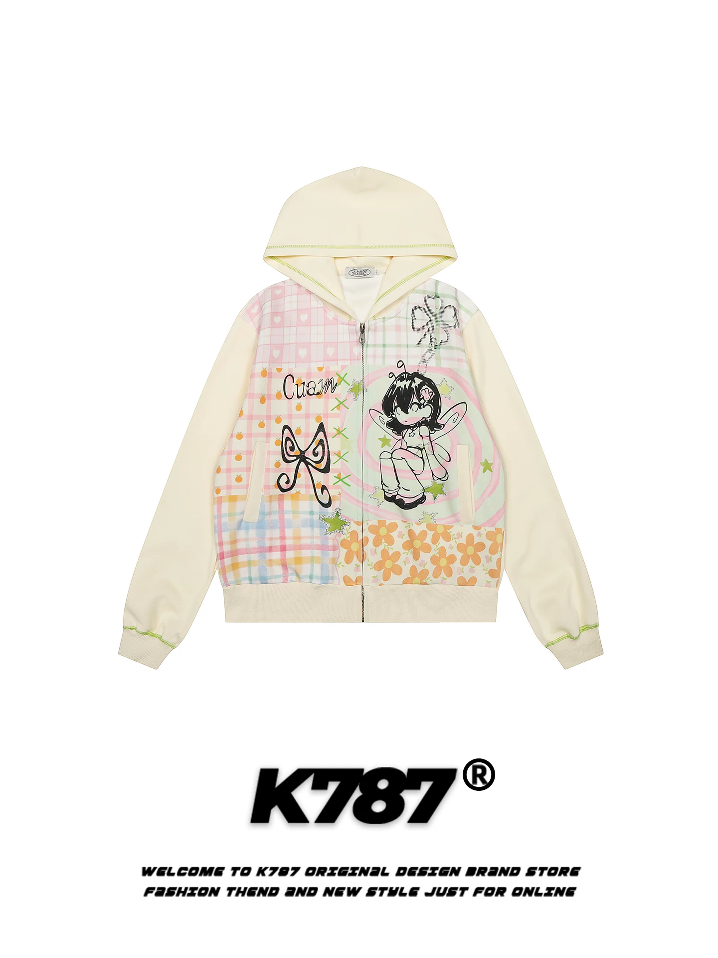Áo khoác cardigan có mũ trùm đầu phong cách Nhật Bản K787, họa tiết graffiti phối màu, dành cho nữ, kiểu dáng rộng rãi, phong cách Y2K ngọt ngào và cá tính, áo khoác ngắn.