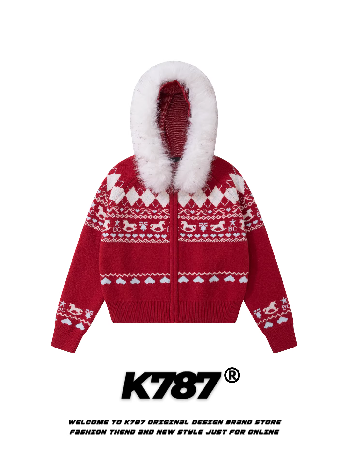 Áo len dệt kim có mũ trùm đầu cổ lông kiểu Fair Isle, phong cách thường ngày Mỹ, dành cho nữ, màu đỏ Giáng sinh, kiểu dáng trẻ trung, áo khoác len ngắn K787