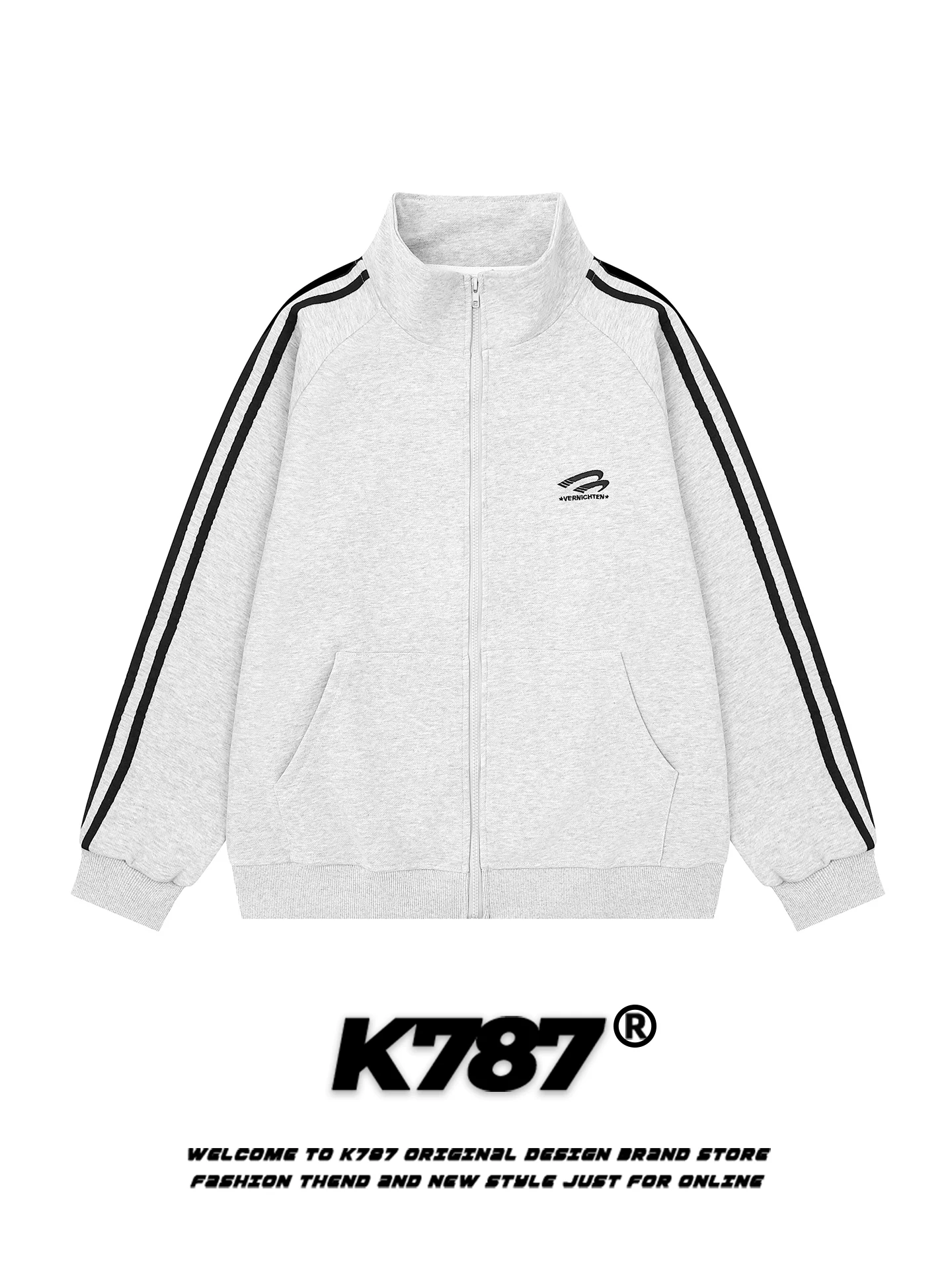 K787 Áo len cardigan cổ đứng ba sọc cổ điển của Mỹ unisex hợp thời trang dáng rộng giản dị thể thao cặp đôi áo khoác mùa đông