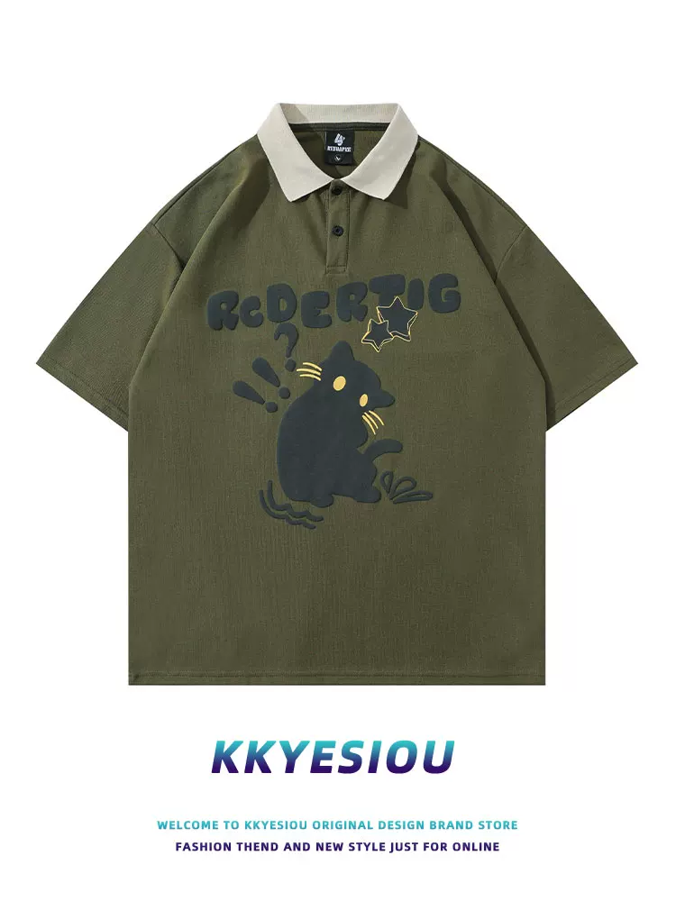 Áo sơ mi POLO ngắn tay in hình mèo phong cách Nhật Bản KKyesiou dành cho nam và nữ, áo đôi rộng rãi và đa năng