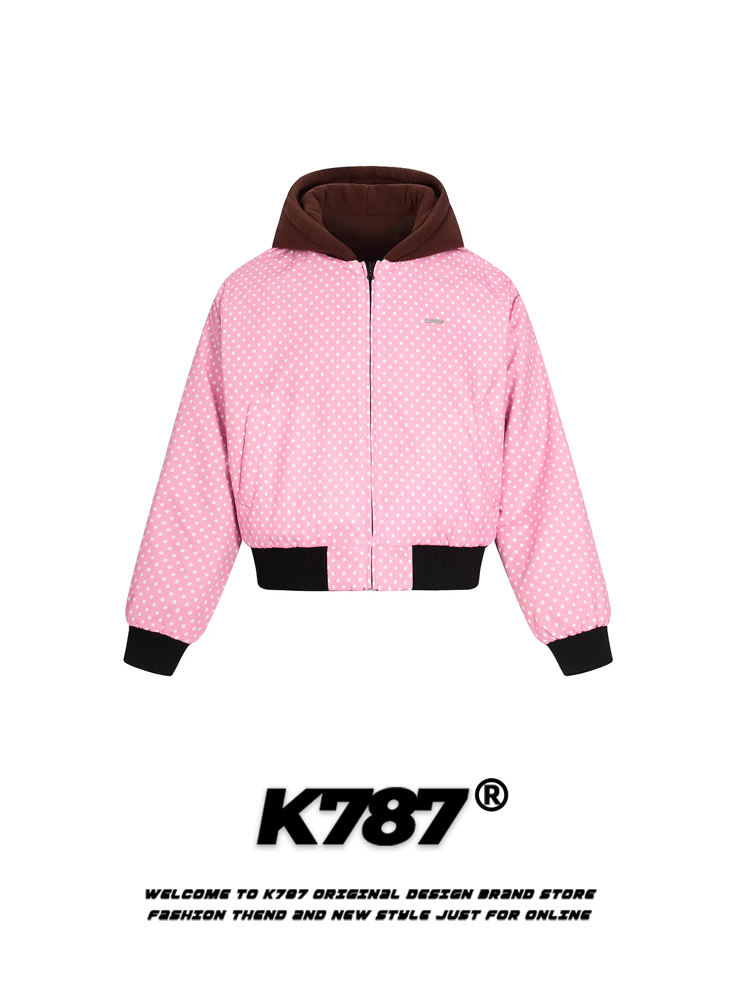 Áo khoác cotton có mũ trùm đầu, họa tiết chấm bi cổ điển kiểu Mỹ K787 dành cho nữ, lót lông cừu, ấm áp, dày dặn, áo khoác cotton ngắn có khóa kéo dành cho mùa đông.