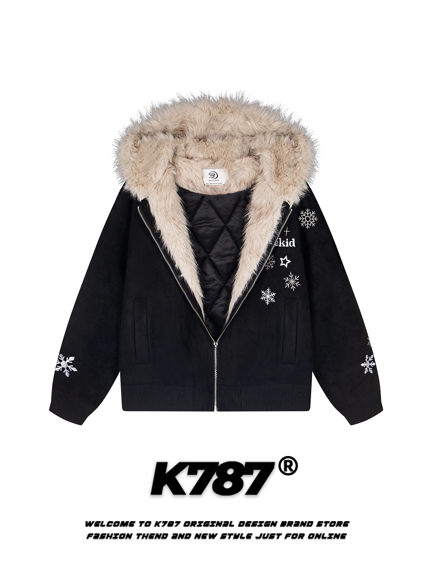 Áo khoác cotton có mũ trùm đầu, cổ lông thêu hình bông tuyết kiểu Mỹ cổ điển K787 dành cho nam và nữ, chất liệu da lộn may chần bông giữ ấm, áo khoác mùa đông dành cho cặp đôi