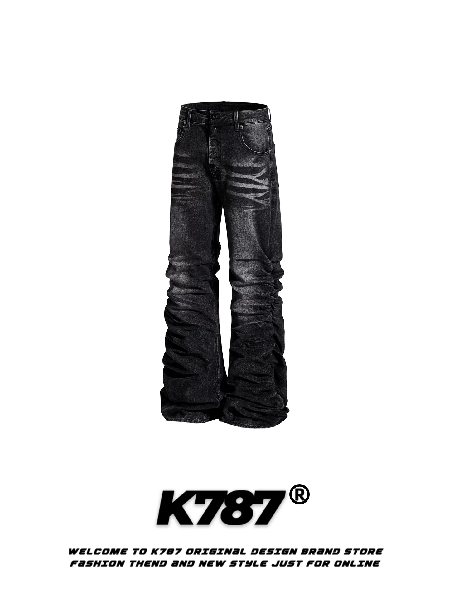 Quần jeans xếp ly dáng rộng kiểu Mỹ cổ điển K787 dành cho nam và nữ, chất liệu washed, kiểu dáng thẳng đứng, cạp cao, tôn dáng, dài.