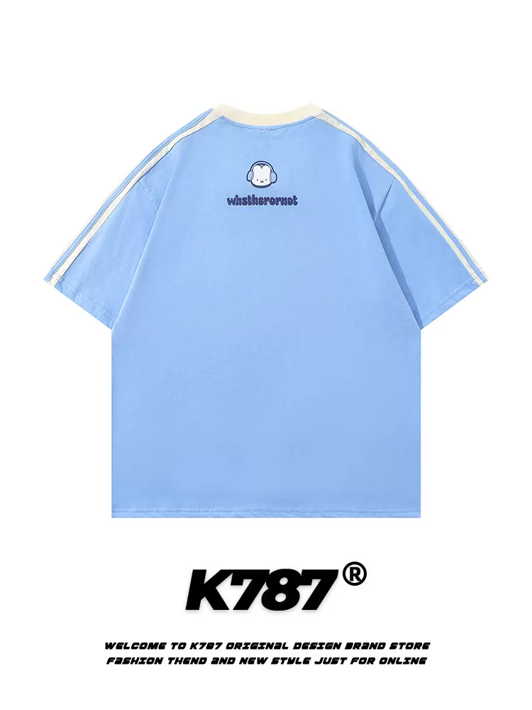 K787 Áo thun ngắn tay cổ chữ V phong cách thể thao cổ điển kiểu Mỹ dành cho nam và nữ, áo thun oversized đa năng dành cho cặp đôi