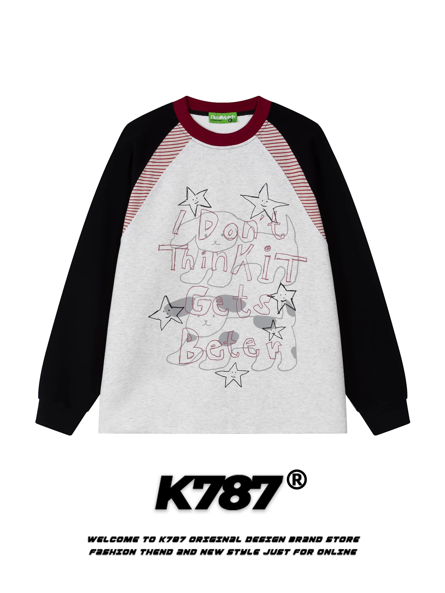 Áo thun dài tay raglan họa tiết chó hoạt hình cổ điển Mỹ K787 dành cho nam và nữ, áo kiểu dáng rộng rãi, xu hướng quốc gia, phong cách lười biếng cho mùa thu.
