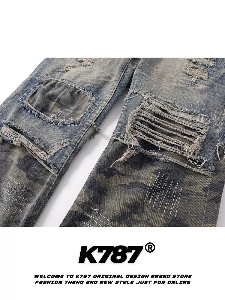 Quần jeans unisex dáng rộng, cạp cao, ống thẳng, phong cách hip-hop, họa tiết rằn ri phối vải vụn kiểu retro Mỹ K787