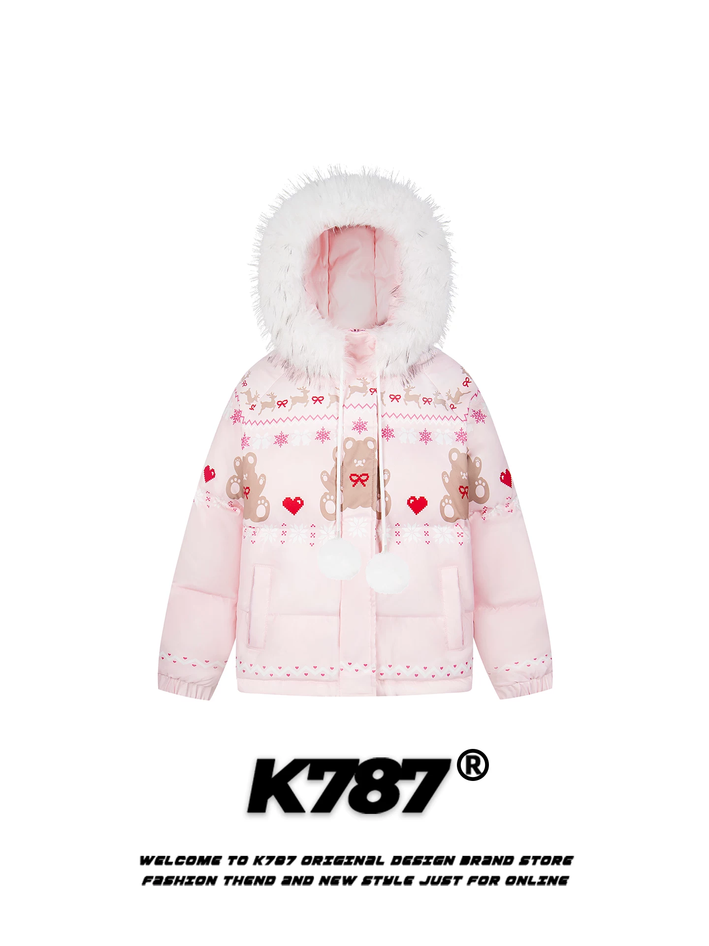 K787 Áo khoác cotton có mũ trùm đầu cổ lông gấu hoạt hình cổ điển của Mỹ dành cho nam và nữ, áo khoác cotton màu hồng dày dặn, rộng rãi, ấm áp