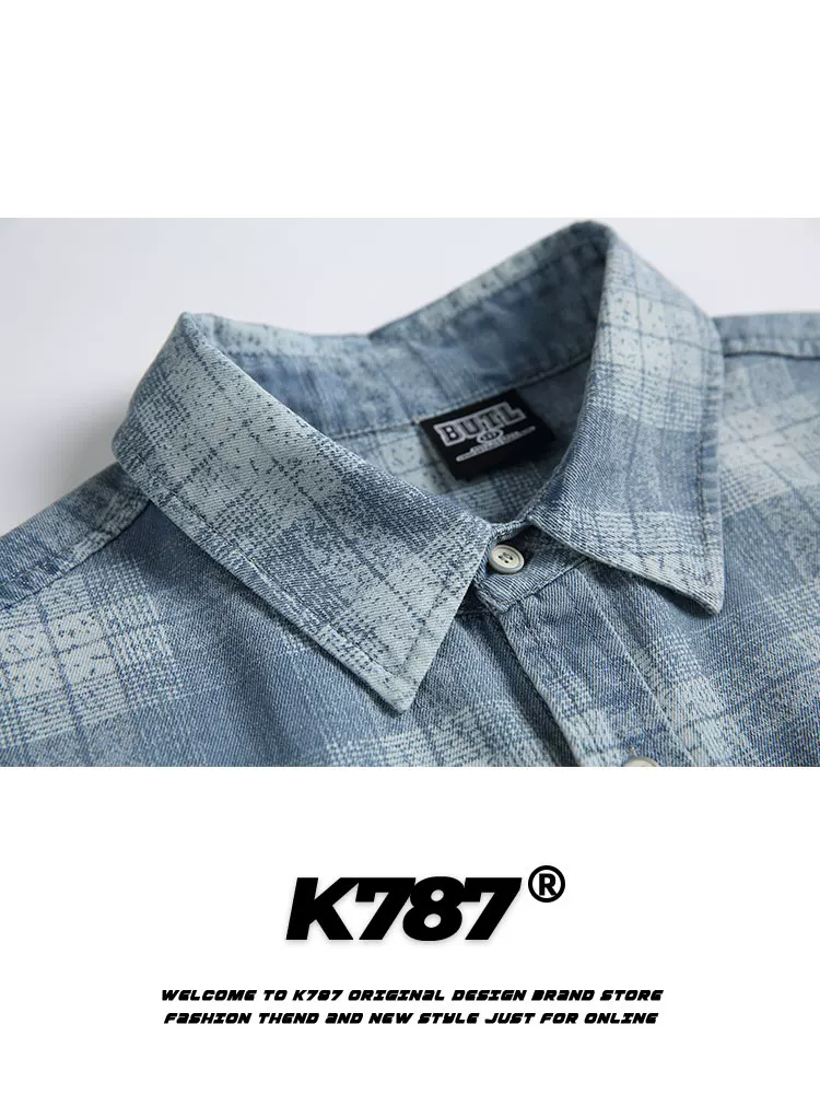 Áo sơ mi ngắn tay kiểu Mỹ cổ điển K787, họa tiết ca rô, phong cách casual, thiết kế rách cá tính, dành cho nam và nữ, kiểu dáng vintage, rộng rãi, đa năng, kiểu cardigan nửa tay.