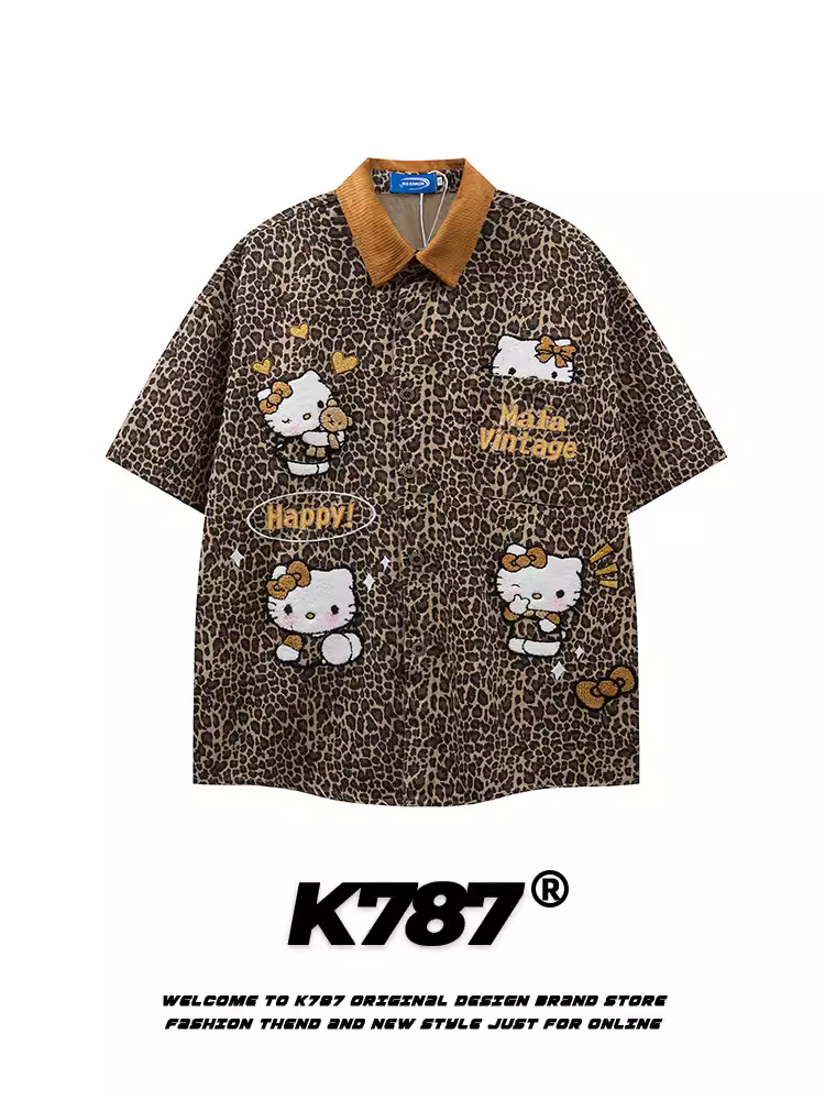 K787 Áo sơ mi ngắn tay họa tiết da báo cổ điển Mỹ Hello Kitty dành cho nam và nữ cổ điển đường phố cao cấp hiphop áo đôi