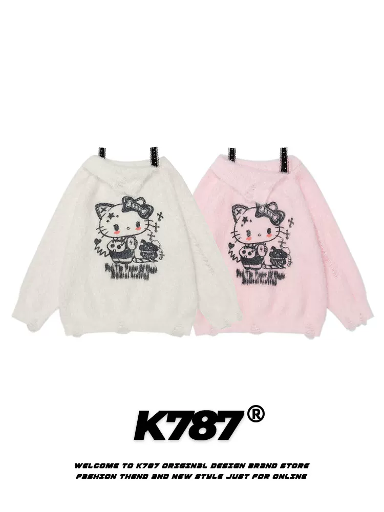 Áo len dệt kim dây đeo vai phong cách retro Mỹ K787 Hello Kitty dành cho nữ, áo khoác len phong cách ngọt ngào, dịu dàng, sành điệu, cá tính.