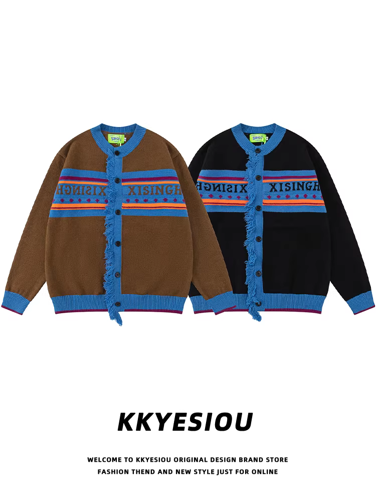 Áo len cặp đôi phong cách retro Mỹ, sọc xanh, kiểu preppy, áo khoác len cổ điển nam nữ