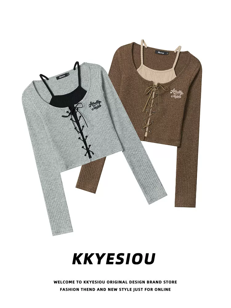 Áo len nữ kiểu KKyesiou, phong cách BM, giả hai mảnh, cổ halter, ngắn, kiểu thường, dây đeo bụng, phong cách học sinh, dệt kim, thường ngày