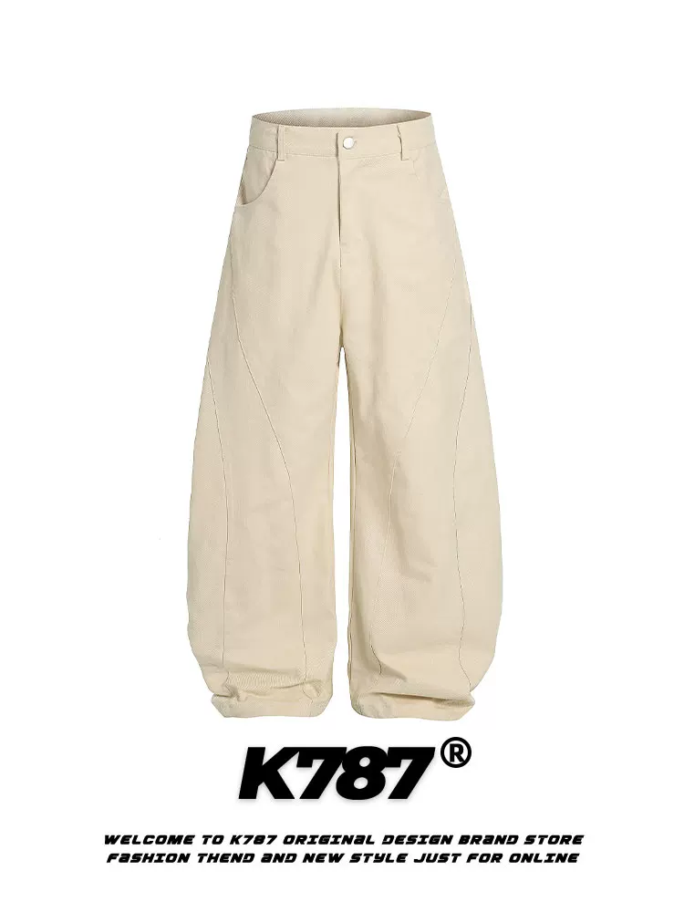 Quần âu thêu chữ kiểu Mỹ cổ điển K787, dáng rộng, cạp cao, dài chấm đất, unisex, chất liệu kaki, kiểu dáng thẳng, phong cách thường ngày