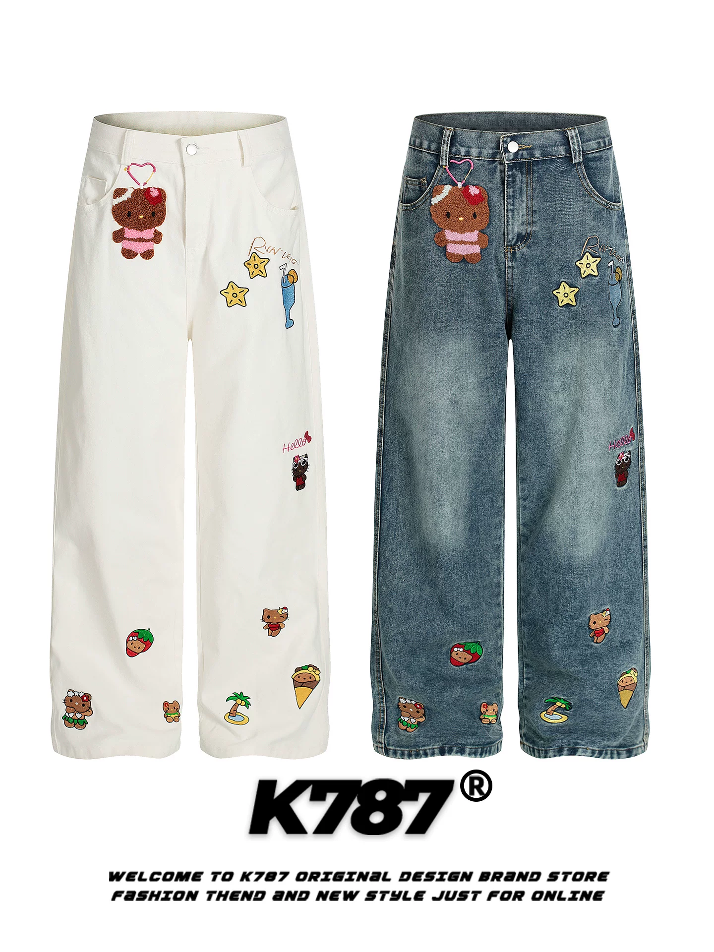 Quần jeans thêu hình mèo Kitty hoạt hình cổ điển Mỹ K787, unisex, phong cách đường phố, cạp cao, đa năng, dáng thẳng