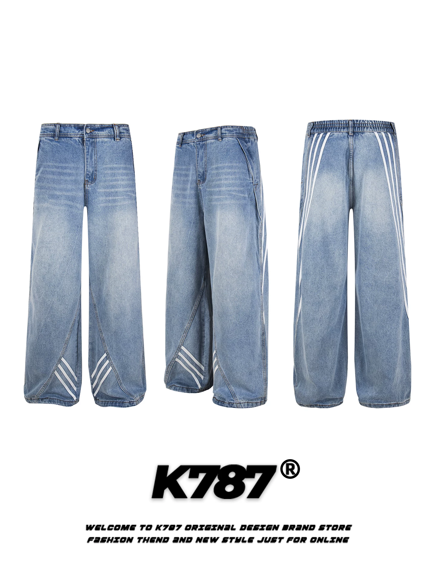 Quần jeans unisex K787 kiểu Mỹ cổ điển, xước, phối vải, kiểu dáng rộng, dài chấm đất, chất liệu vải dù sọc, phong cách casual.
