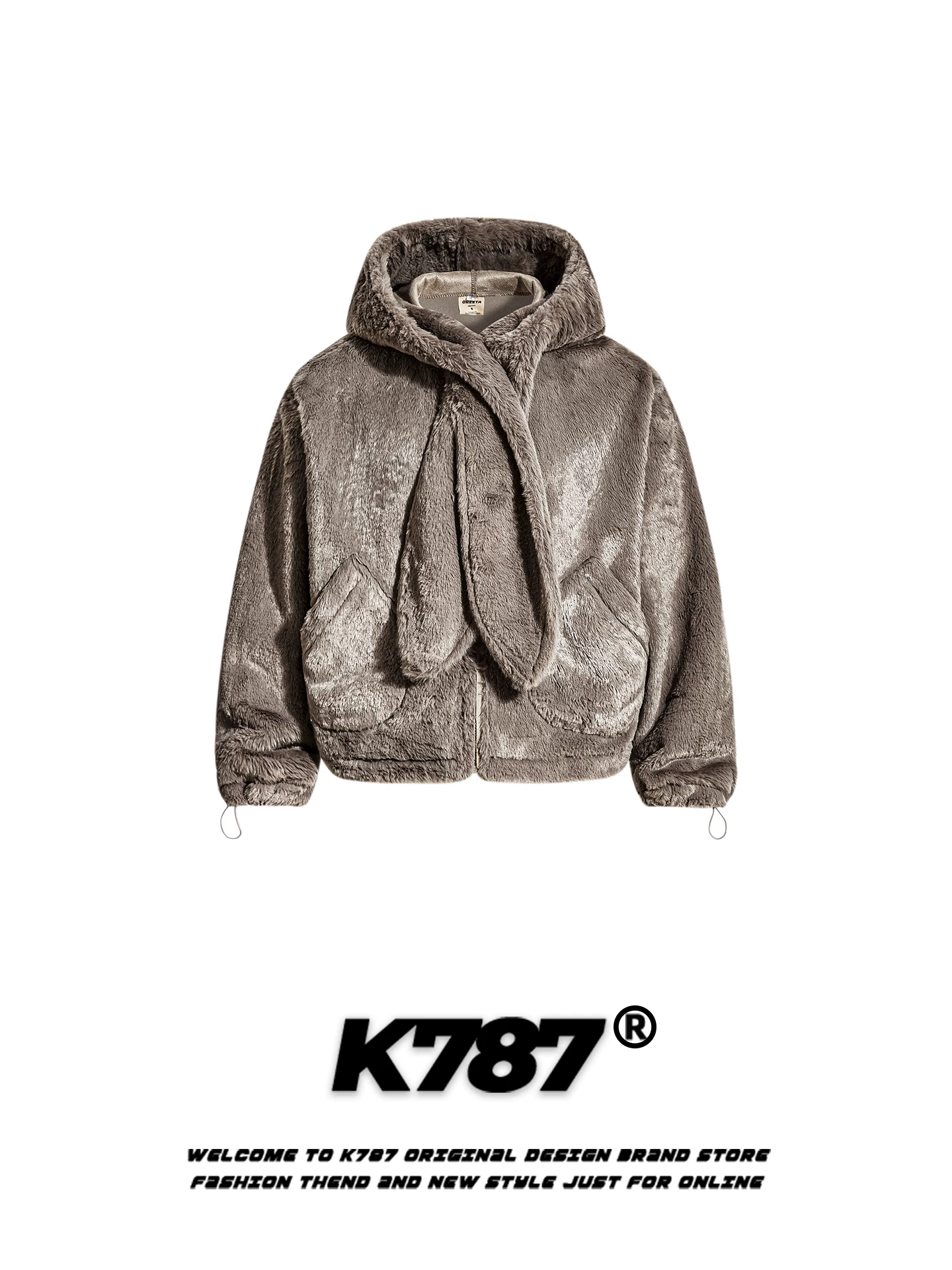 Áo khoác cotton có mũ trùm đầu hình tai thỏ lông thú phong cách đường phố Mỹ K787 dành cho nam và nữ, phong cách ngọt ngào và cá tính, lót lông cừu, áo khoác có khóa kéo ấm áp cho mùa đông.