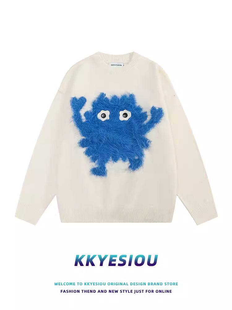 KKyesiou Áo len dệt kim hình quái vật nhỏ vui nhộn theo phong cách retro của Mỹ dành cho nam và nữ, áo len cặp đôi phong cách preppy giản dị