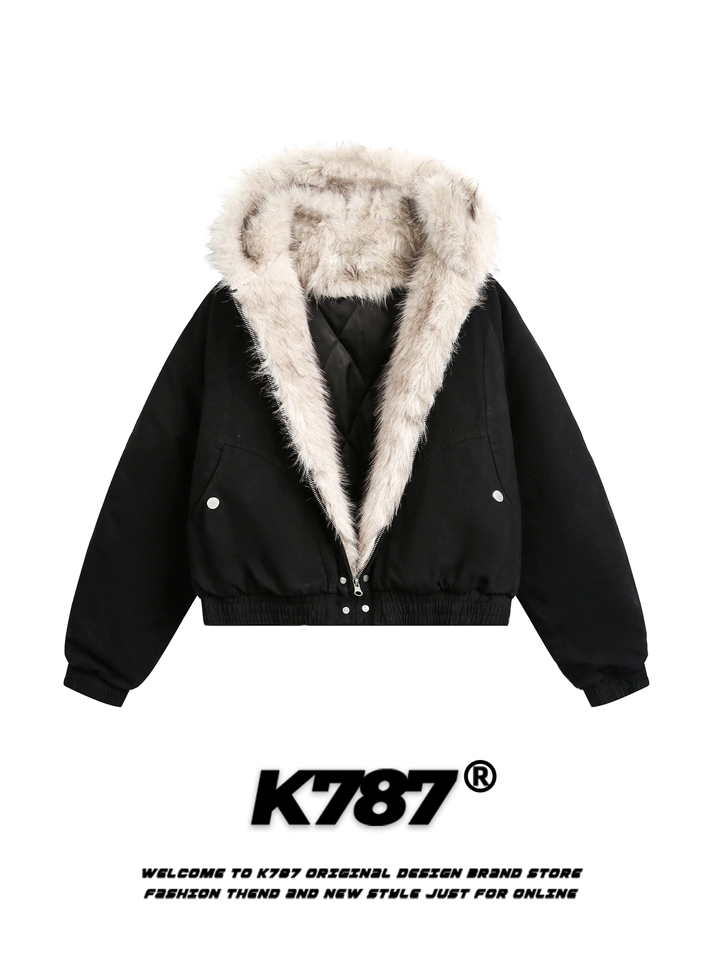 Áo khoác cotton ngắn có mũ trùm đầu dày dặn phong cách retro Mỹ K787 có cổ lông dành cho nam và nữ, áo khoác ngắn kiểu dáng gọn gàng