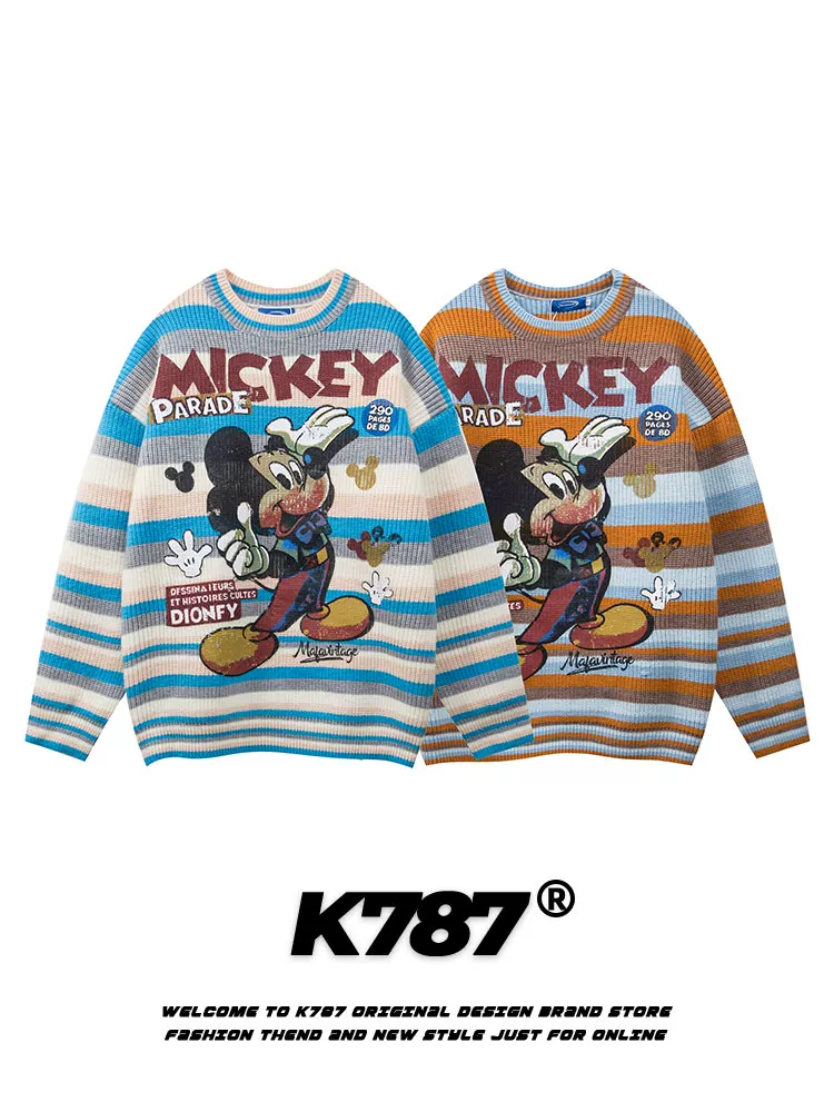 K787 Áo len dệt kim sọc cổ điển kiểu Mỹ áo len unisex áo len in hình đa năng phong cách đại học áo len cặp đôi