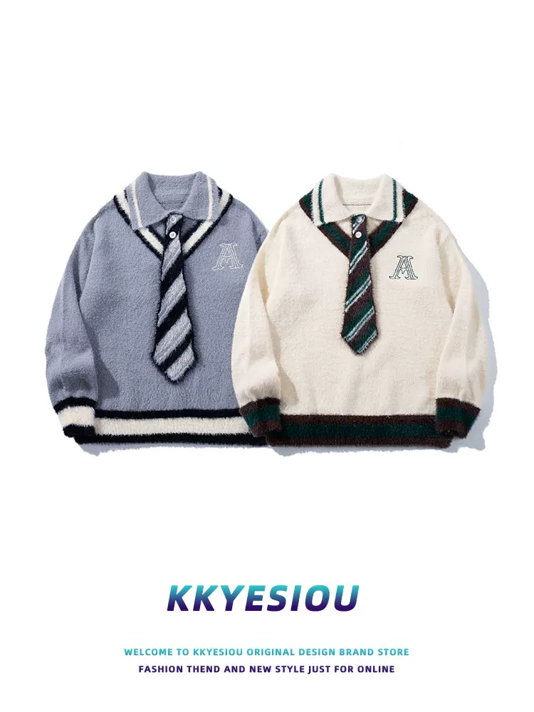 Áo len cặp đôi phong cách preppy Nhật Bản KKyesiou, kiểu dáng năng động, phối họa tiết, unisex, có phối dây buộc.