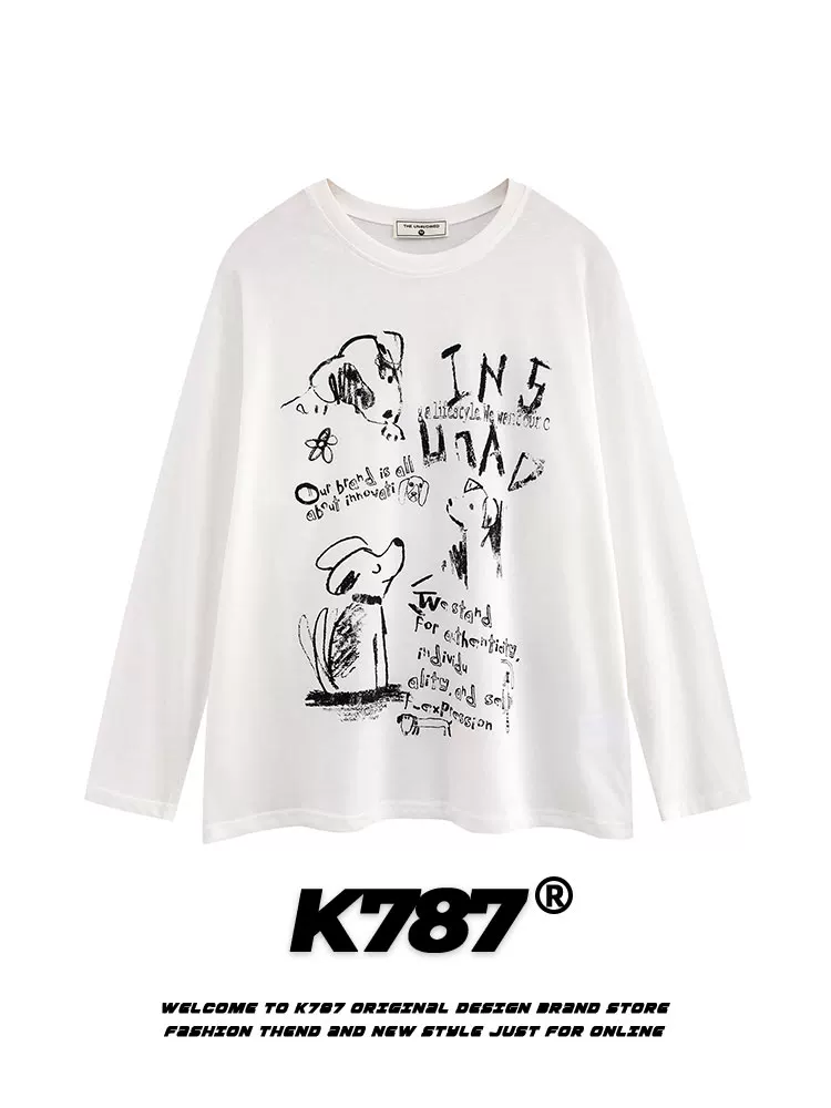 K787 Áo thun họa tiết graffiti phong cách retro quốc gia của Mỹ dành cho nữ, phong cách đường phố đa năng phong cách lười biếng áo mùa xuân