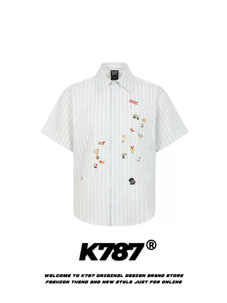 K787 Áo sơ mi ngắn tay in hình hoạt hình vui nhộn theo phong cách đường phố Mỹ dành cho nam và nữ áo cardigan dáng rộng lười biếng cổ điển nửa tay