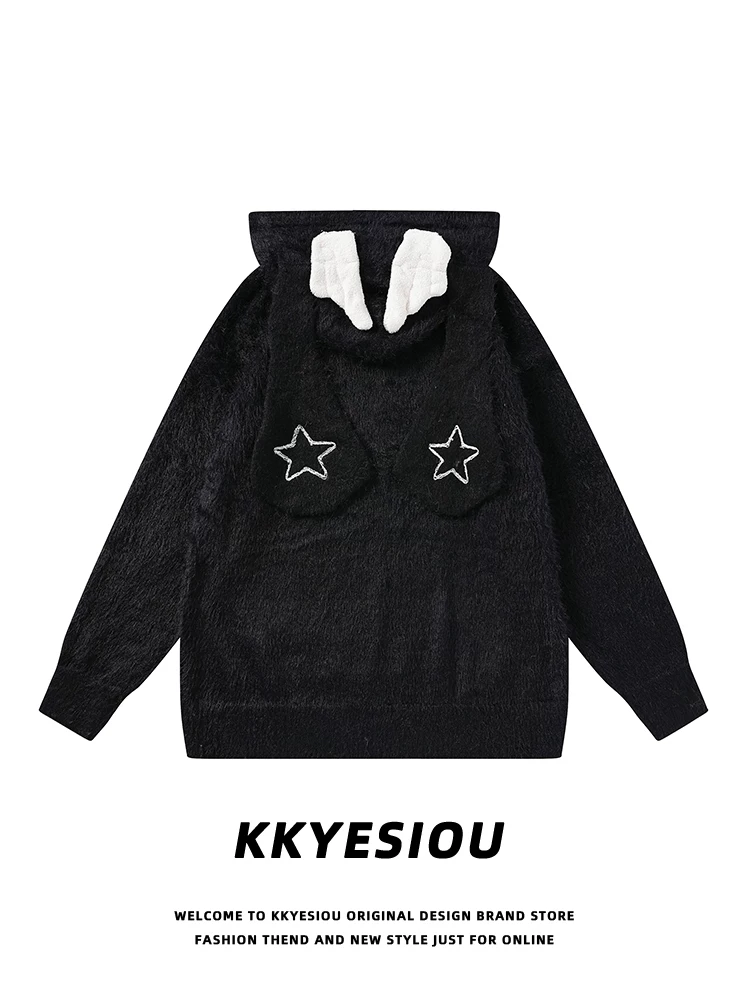 Áo hoodie dệt kim hoạt hình anime kiểu Nhật KKyesiou dành cho nam và nữ, kiểu dáng rộng, áo khoác tai thỏ đôi
