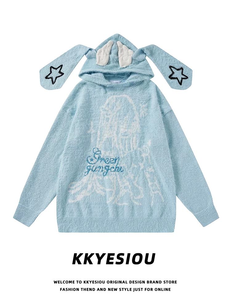 Áo hoodie dệt kim hoạt hình anime kiểu Nhật KKyesiou dành cho nam và nữ, kiểu dáng rộng, áo khoác tai thỏ đôi