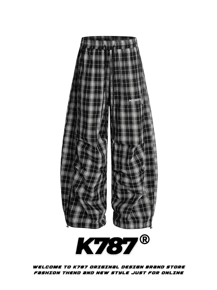 Quần kaki xếp ly kẻ caro kiểu Mỹ cổ điển K787, unisex, dáng rộng, chất liệu dù, cạp cao, phong cách đường phố, múa, kiểu dáng lửng.